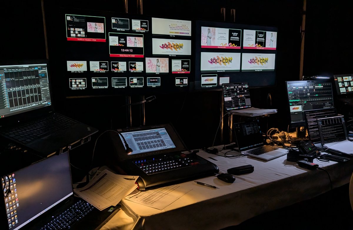 Corporate show video control position with multiview monitors and switcher